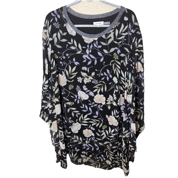 Calvin Klein 3X Black Purple Floral Vines Tunic NEW Tags Sheer Silver Neckline - Picture 1 of 12